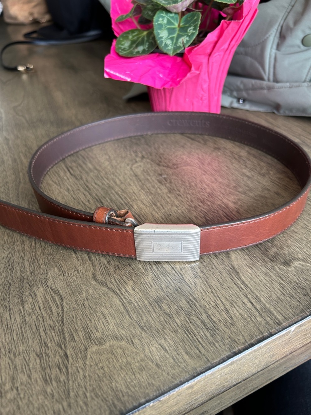 J Crew Classic Brown Leather Men's Belt with Silver Plated Buckle
